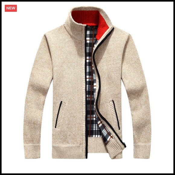 Slim Fit Full Zip Knit Cardigan Fleece Lined Casual Classic Winter Sweater